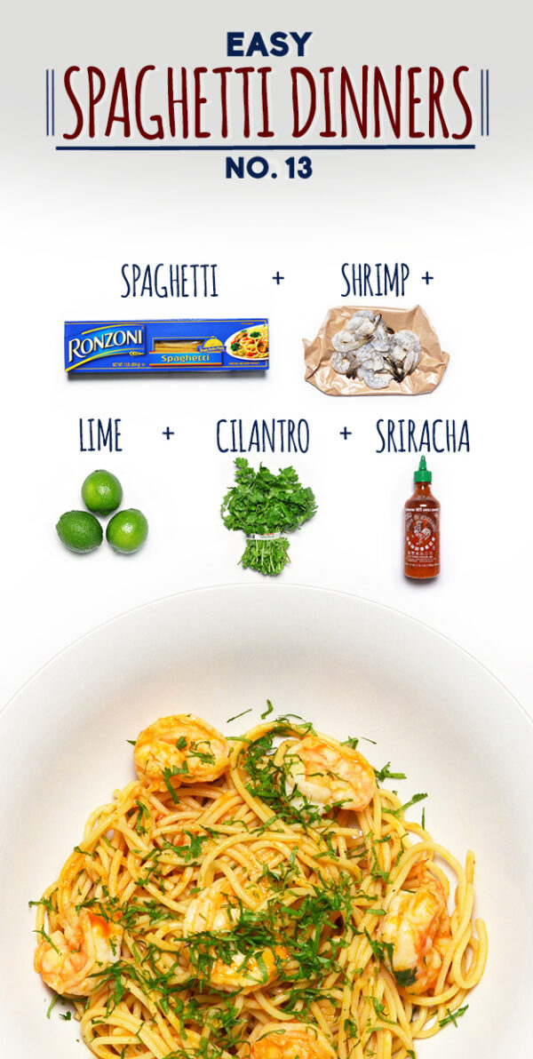 Spaghetti with Sriracha Shrimp, Cilantro and Lime